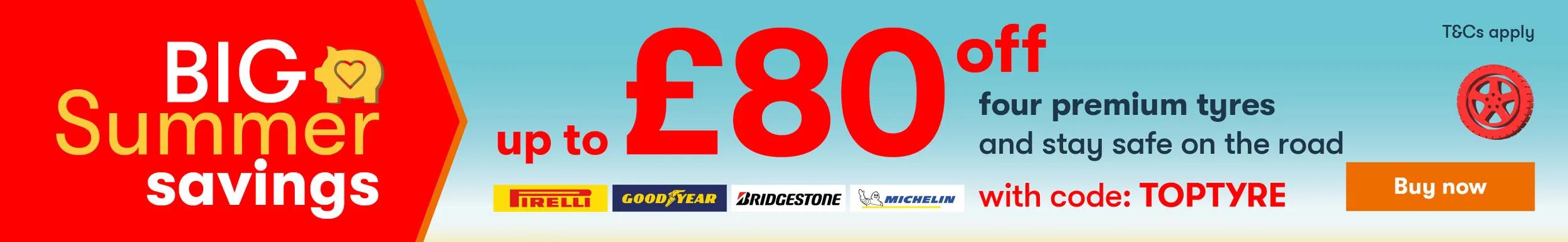 Up to £80 OFF FOUR TYRES 
