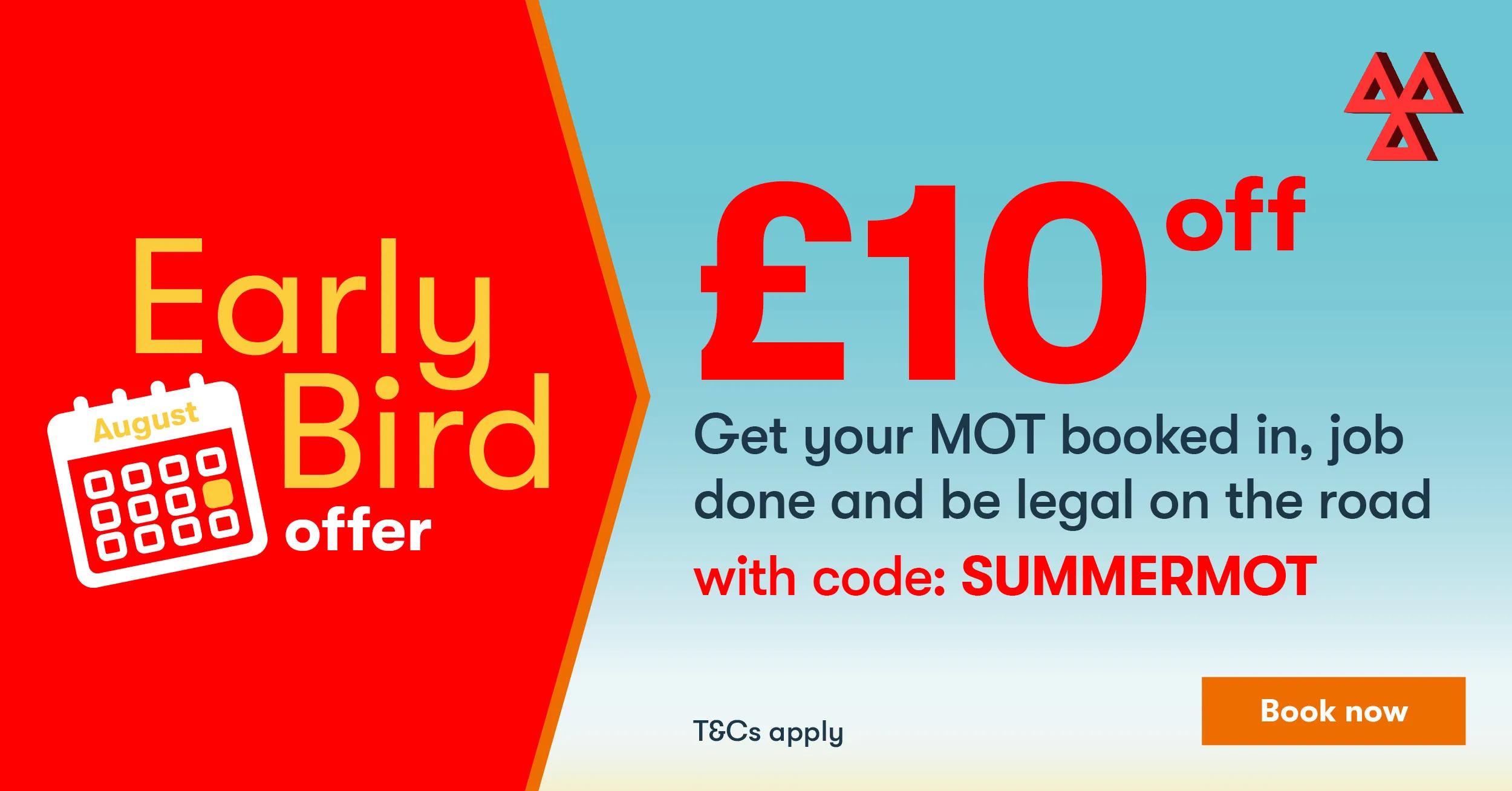 MOT sign over clouds, book now button and text stating MOT Starting from 29.95. t&c's apply