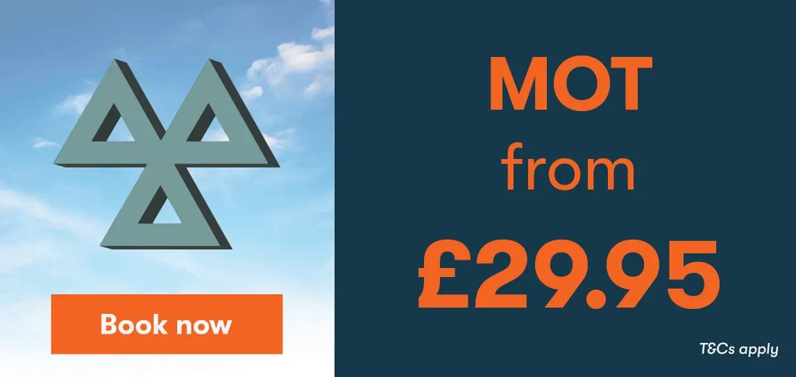 MOT sign over clouds, book now button and text stating MOT Starting from 29.95. t&c's apply