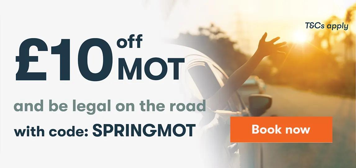 MOT sign over clouds, book now button and text stating MOT Starting from 29.95. t&c's apply