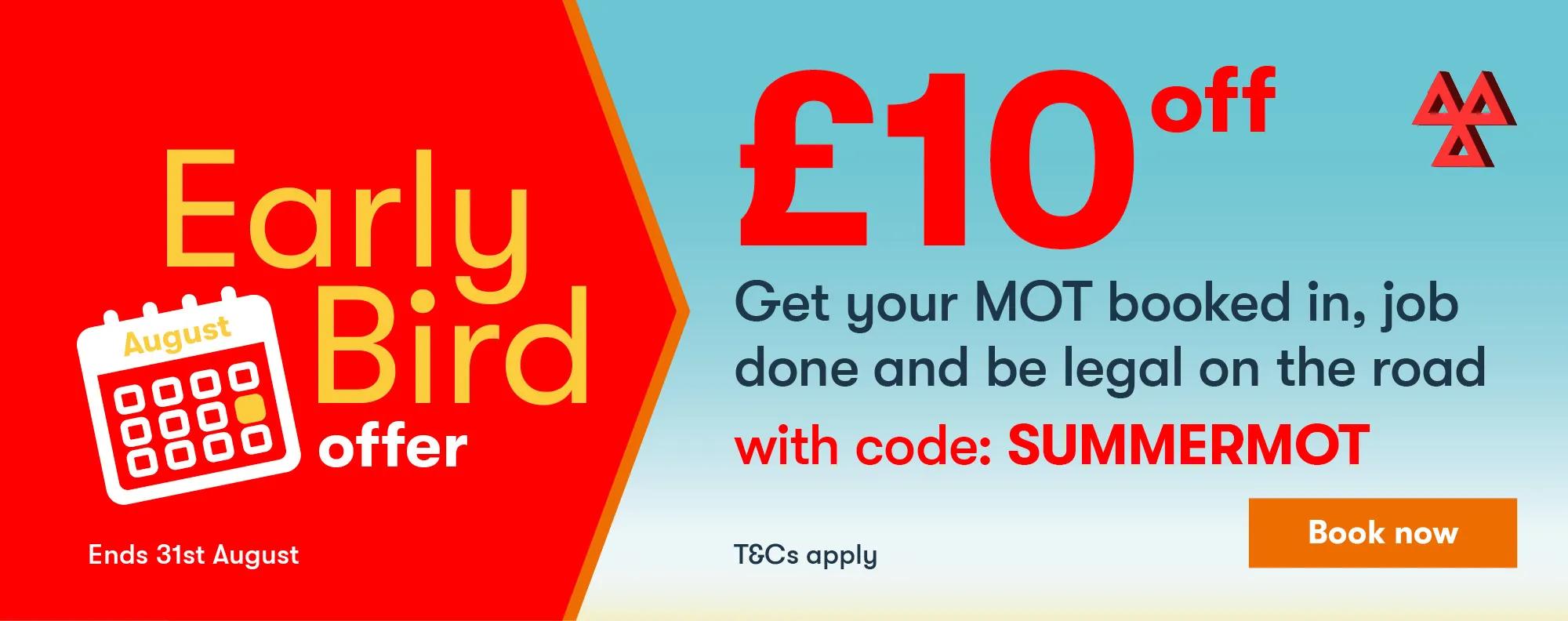 MOT sign over clouds, book now button and text stating MOT Starting from 29.95. t&c's apply