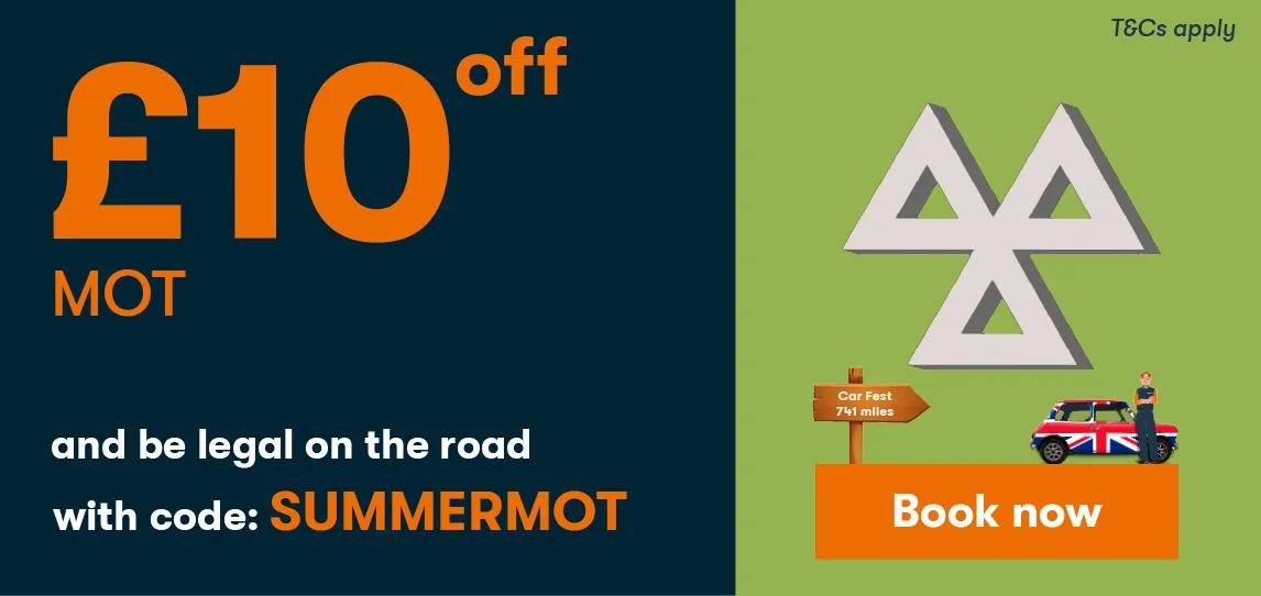 MOT sign over clouds, book now button and text stating MOT Starting from 29.95. t&c's apply